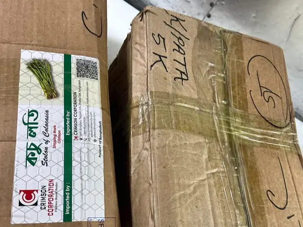 A colocasia stolon carton with the Crimson label and a security-checked stamp