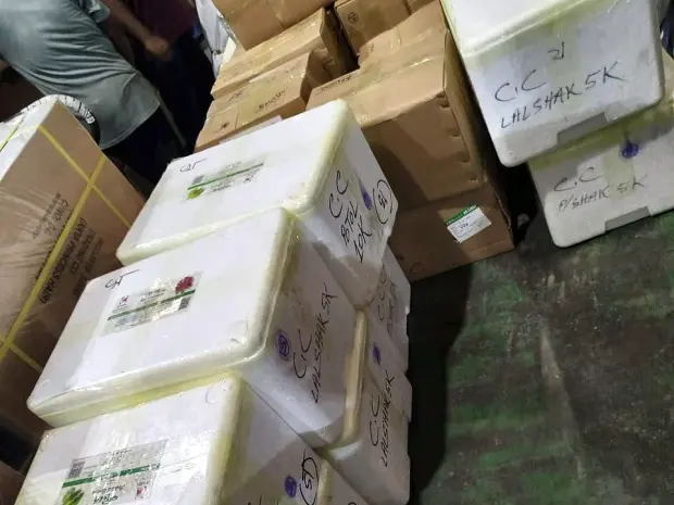 Insulated boxes marked by line and weight with Crimson Corporation labels